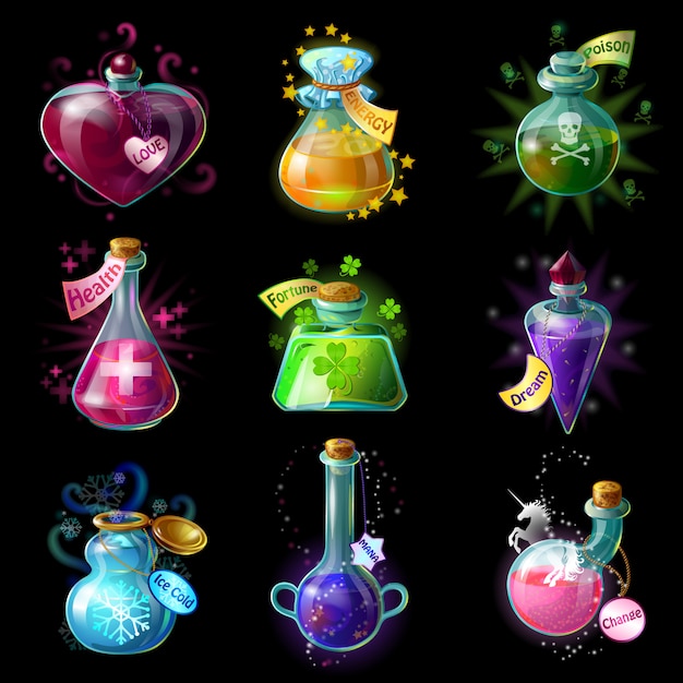 Fiole De Potion Vide Dessin Animé Jeu élixir Utilisation Séquence Icône  Atout Coloré Potion Magique Animation Cadres Kit Vector Poison Et Antidote  Pictogrammes Ensemble