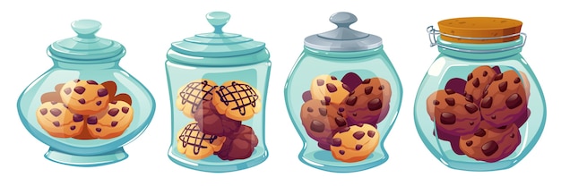 Vecteur gratuit ensemble de pots à biscuits au chocolat de dessin animé