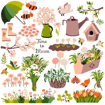 Ensemble de printemps. différentes fleurs, sakura, tulipes, roses, camomille et plantes, nichoir, paniers et décor de jardinage. vecteur