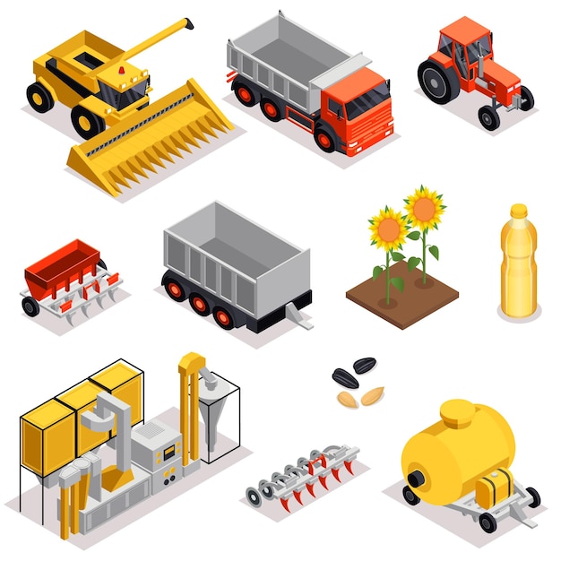 Ensemble De Production De Tournesol D'icônes Isolées Et D'images Isométriques D'unités D'usine De Véhicules Agricoles Et D'illustration Vectorielle D'huile