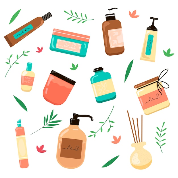 Vecteur gratuit ensemble de produits de soins de la peau pour la beauté de la peau et des cheveux. illustrations vectorielles de pots, tubes et bouteilles cosmétiques. nettoyant crème lotion dessin animé et feuilles isolées sur blanc. concept de soins du corps bio