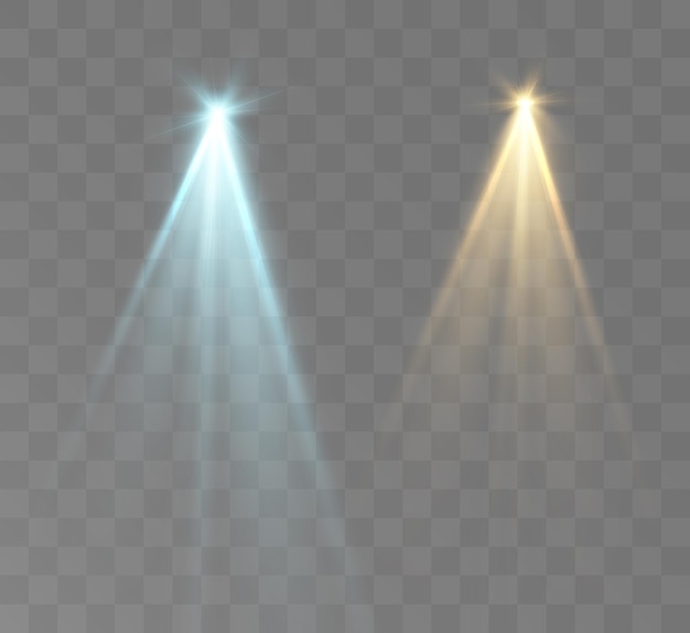 Ensemble de projecteurs isolé sur fond transparent effet de lumière rougeoyante de vecteur avec des rayons dorés