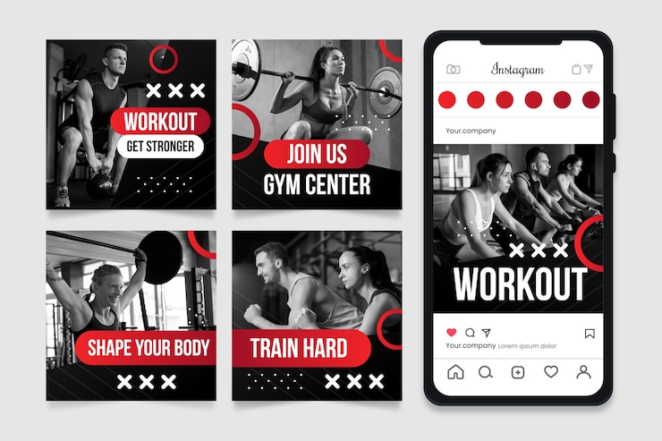 Vecteur gratuit ensemble de publication instagram de gym dégradé