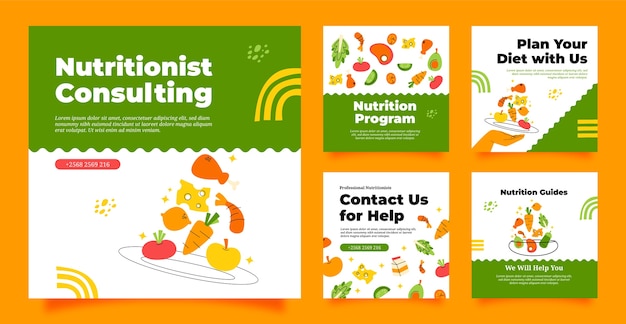 Vecteur gratuit ensemble de publications instagram de conseils de nutritionniste dessinés à la main