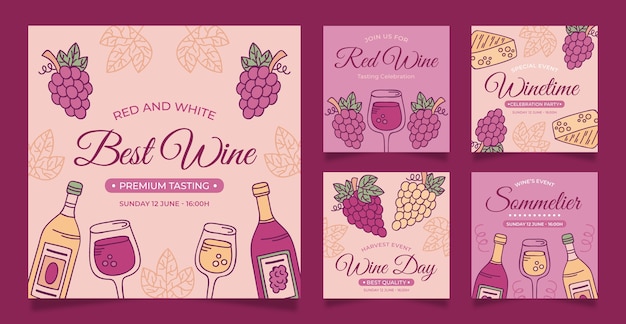 Vecteur gratuit ensemble de publications instagram de fête du vin