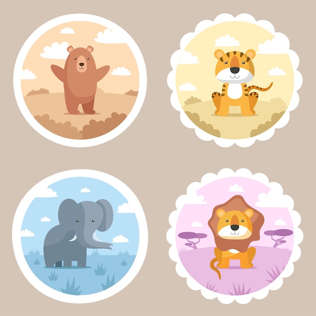 Ensemble De Quatre Animaux Mignons En Forme De Cercle Avec Autocollant Ou Bannerstyle Ours Brun Tigre éléphant Et Lion Dans La Forêt Avec Illustration Vectorielle De Personnage De Dessin Animé Design Plat