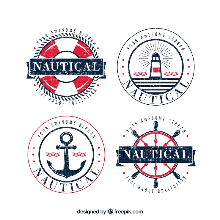 Vecteur gratuit ensemble de quatre badges vintage rondes avec des éléments nautiques