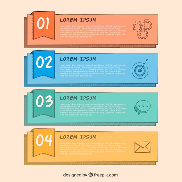 Ensemble de quatre bannières infographiques dessinées à la main avec des couleurs différentes
