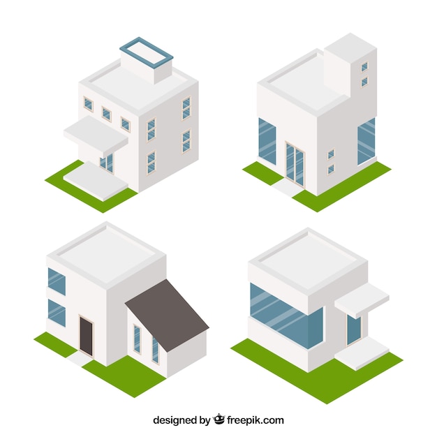 Ensemble De Quatre Maisons Modernes Dans Le Style Isométrique