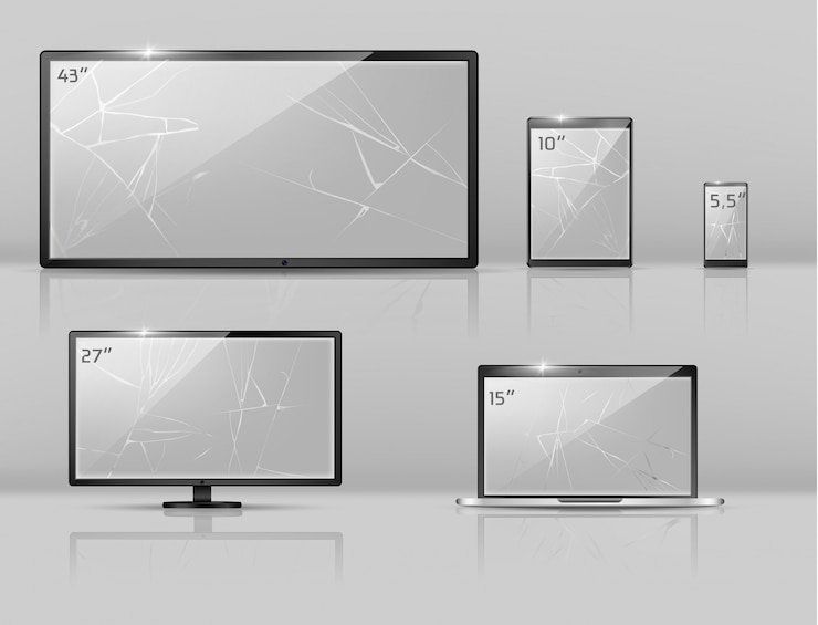 Vecteur gratuit ensemble réaliste 3d de différents écrans cassés - ordinateur portable, smartphone ou tablette avec des fissures.