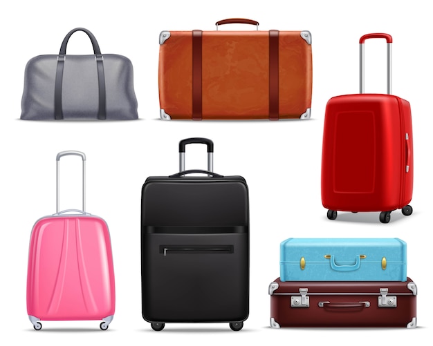 Vecteur gratuit ensemble réaliste de bagages de voyage rétro moderne
