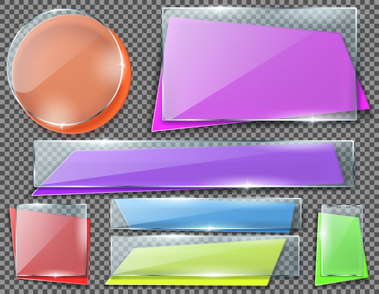 Vecteur gratuit ensemble réaliste de bannières de couleur sous des plaques de verre transparentes, blanc brillant cadres isolés.