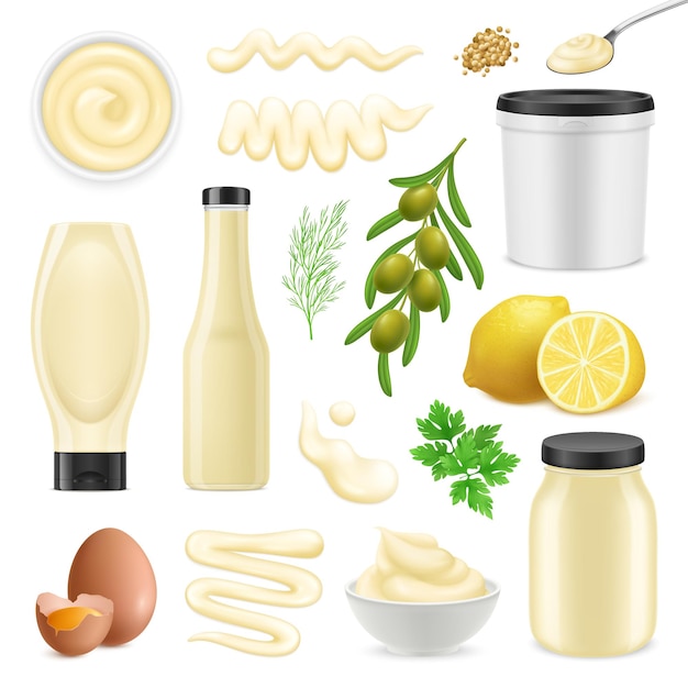 Ensemble réaliste avec des bols de bouteilles et des emballages de mayonnaise et des ingrédients pour faire de la sauce isolé sur illustration vectorielle fond blanc