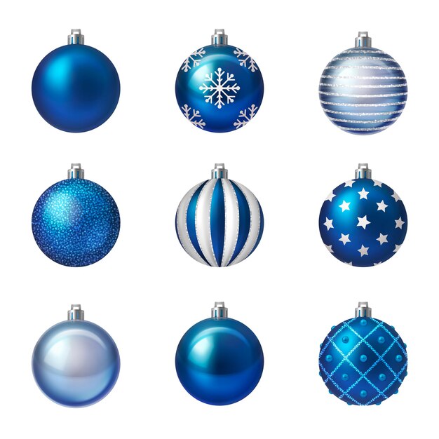 Ensemble réaliste de boules de noël bleues et blanches brillantes avec divers motifs isolés illustration vectorielle