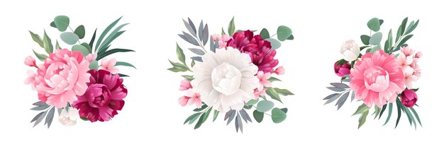 Ensemble réaliste de bouquet d'eucalyptus avec des feuilles et des fleurs isolées