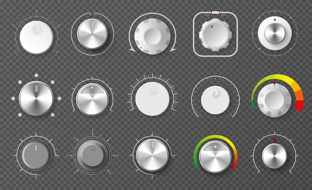 Vecteur gratuit ensemble réaliste de boutons de régulateur métalliques brillants de cercle pour le réglage de niveau sur illustration vectorielle de fond transparent isolé