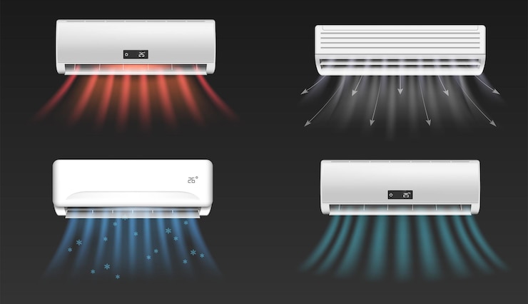Vecteur gratuit ensemble réaliste de climatiseurs soufflant de l'air froid et chaud isolé sur illustration vectorielle fond noir