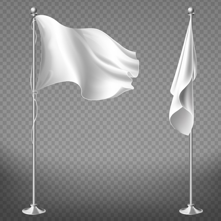 Vecteur gratuit ensemble réaliste de deux drapeaux blancs sur des poteaux en acier isolés sur fond transparent.