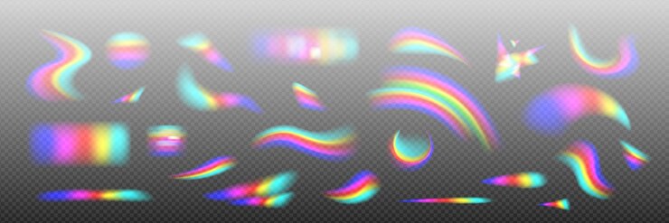 Vecteur gratuit ensemble réaliste d'effets de réfraction de la lumière isolés sur fond transparent illustration vectoriel de l'arc-en-ciel lumière du soleil flare irisé diamant flou motif abstrait holographique reflets optiques