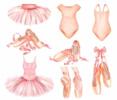 Vecteur gratuit ensemble réaliste d'élégantes jupes tutu de ballet, bottes et body isolés sur illustration vectorielle fond blanc