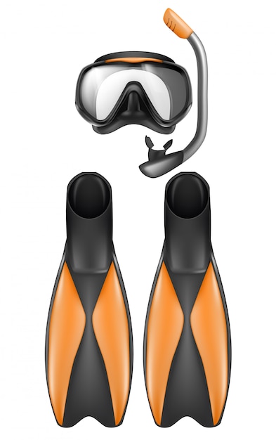 Vecteur gratuit ensemble réaliste d'équipement de plongée, masque de plongée en apnée avec tuba et palmes