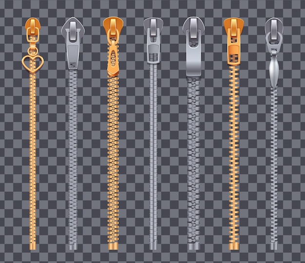 Ensemble réaliste de fermetures à glissière à glissière couleur argent et doré