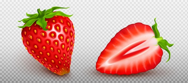 Vecteur gratuit ensemble réaliste de fraises entières et coupées à moitié isolées sur un fond transparent illustration vectorielle d'une fraise rouge sucrée et juteuse avec des feuilles vertes nourriture biologique récolte d'été ingrédient de dessert