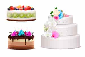 Vecteur gratuit ensemble réaliste de gâteaux de fête d'anniversaire et de mariage décorés par des bougies allumées à la crème et des fruits frais isolés illustration