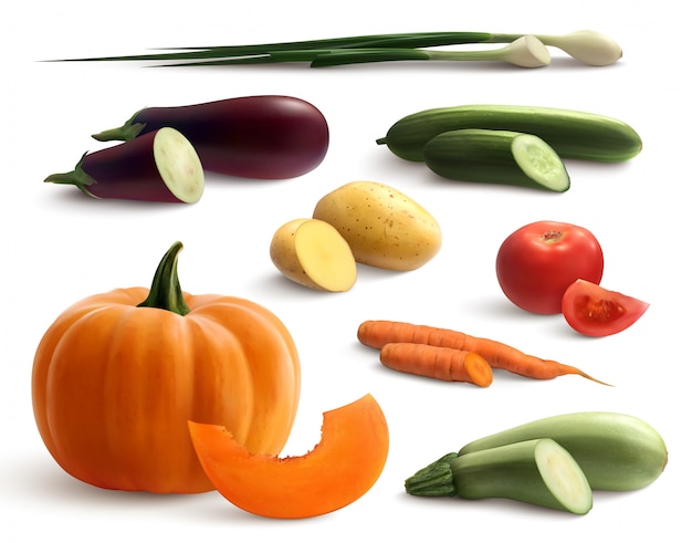 Ensemble réaliste de légumes coupés