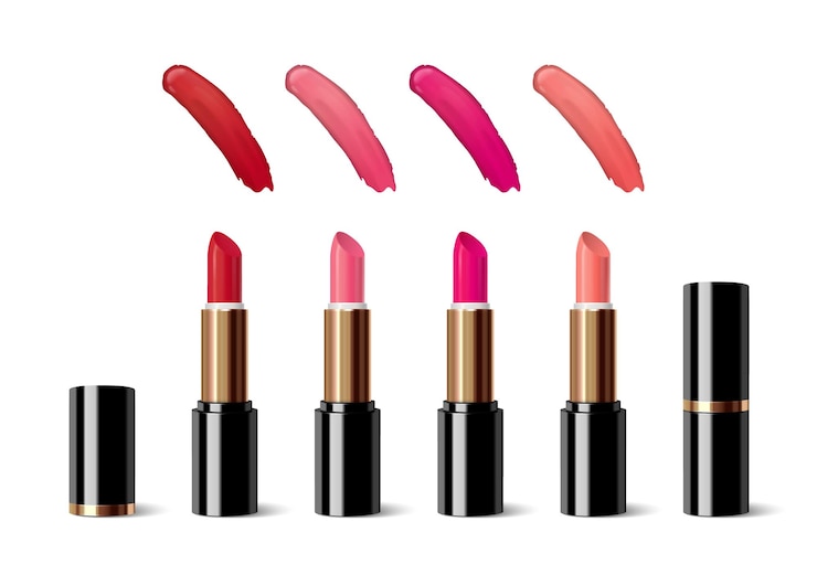 Vecteur gratuit ensemble réaliste de maquillage pour les lèvres de rouge à lèvres coloré avec des échantillons et illustration vectorielle de tube isolé