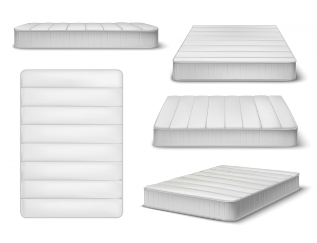 Vecteur gratuit ensemble réaliste de matelas de cinq images isolées et différentes vues d'angle de matelas de couchage avec illustration d'ombres