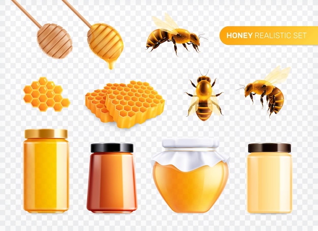 Ensemble Réaliste De Miel Avec Des Images Isolées D'abeilles Avec Des Peignes Et Des Boîtes De Verre Remplies D'illustration Vectorielle De Miel