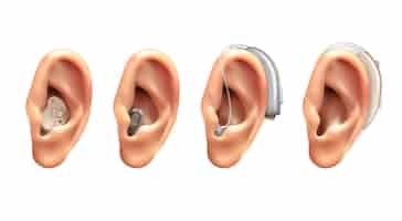 Vecteur gratuit ensemble réaliste d'oreille d'aide auditive de quatre images isolées avec des oreilles humaines avec illustration d'appareils électroniques suspendus