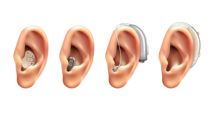 Vecteur gratuit ensemble réaliste d'oreille d'aide auditive de quatre images isolées avec des oreilles humaines avec illustration d'appareils électroniques suspendus