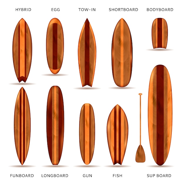 Vecteur gratuit ensemble réaliste de planches de surf en bois