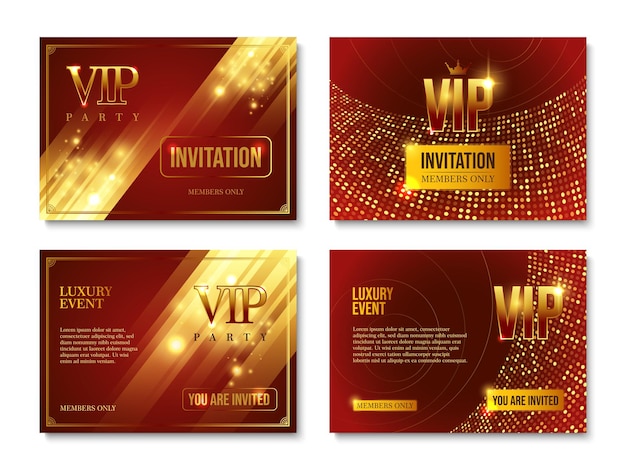 Vecteur gratuit ensemble réaliste de quatre bannières d'invitation horizontales brillantes pour l'événement de luxe premium vip party illustration vectorielle isolée