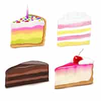 Vecteur gratuit ensemble réaliste avec quatre morceaux de gâteaux d'anniversaire à la crème de baies au chocolat concept de design 2x2 illustration vectorielle isolée
