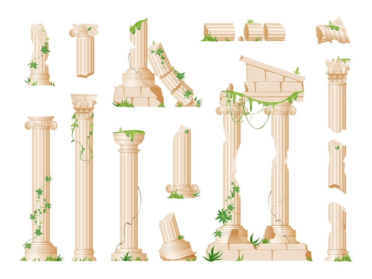 Vecteur gratuit un ensemble réaliste de ruines anciennes colonnes de marbre avec des feuilles de lierre vertes grimpantes illustration vectorielle isolée