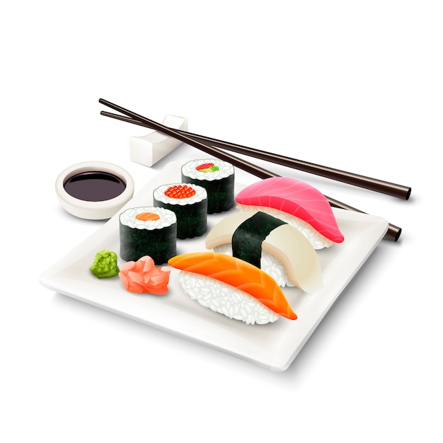 Ensemble réaliste de sushi