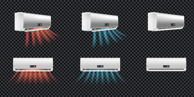 Vecteur gratuit ensemble réaliste de système divisé de climatiseur de six appareils vue avant et latérale isolé sur illustration vectorielle de fond transparent