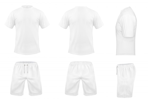 Ensemble réaliste de t-shirts blancs à manches courtes et shorts, vêtements de sport, uniforme de sport