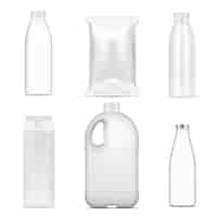 Vecteur gratuit ensemble réaliste de tare de lait d'emballages en verre et en plastique isolés sur illustration vectorielle fond blanc