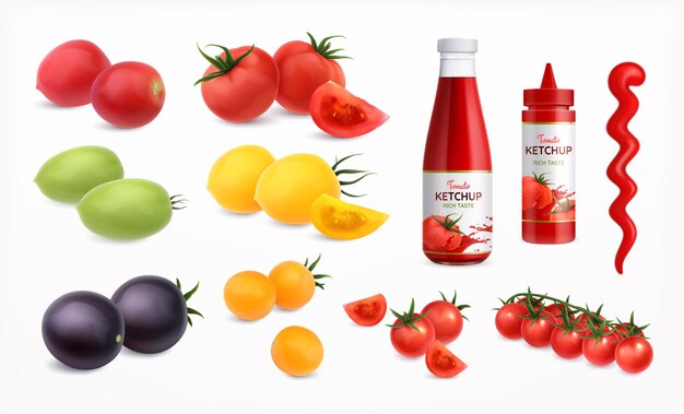 Ensemble réaliste de tomates avec des éléments de ketchup