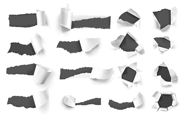 Vecteur gratuit ensemble réaliste avec des trous de papier déchiré blanc sur illustration vectorielle fond sombre isolé