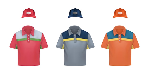 Vecteur gratuit ensemble réaliste d'uniformes de vêtements de travail avec des icônes isolées de casquettes et de t-shirts colorés selon l'illustration vectorielle de la marque