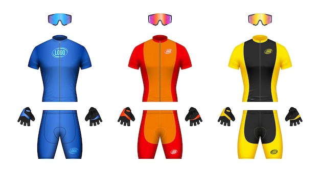 Vecteur gratuit un ensemble réaliste de vêtements de vélo colorés avec un short de vélo, des gants et des lunettes de protection illustration vectorielle isolée