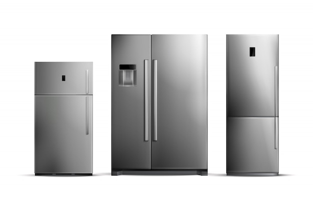Ensemble de réfrigérateurs argent réalistes de différentes tailles isolé sur blanc