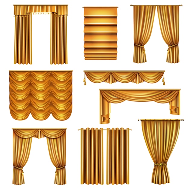 Vecteur gratuit ensemble de rideaux d'or de luxe réalistes de diverses draperies avec des éléments décoratifs isolés