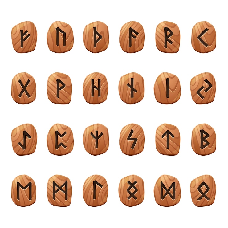 Vecteur gratuit ensemble de runes de jeu, alphabet ancien nordique, symboles de futark celtique viking gravés sur des pièces en bois. signes occultes ésotériques, éléments de conception mystiques ui ou gui, illustration vectorielle de dessin animé isolé, icônes