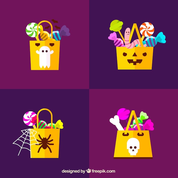 Vecteur gratuit ensemble de sacs de bonbons halloween